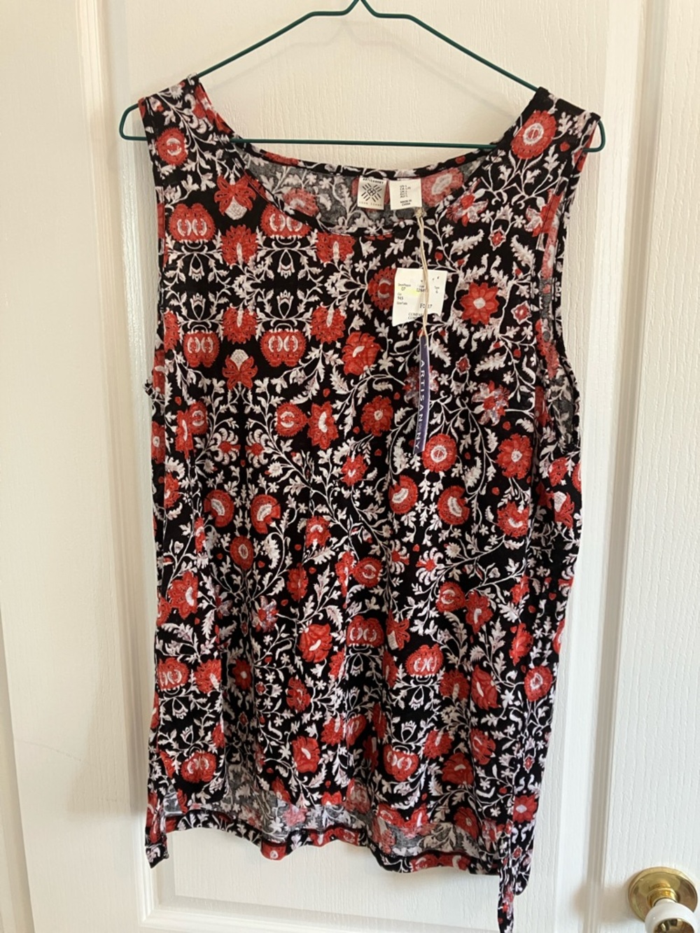 Artisan NY 100% Linen Black Tank with Red Floral Print and White Vine Motif